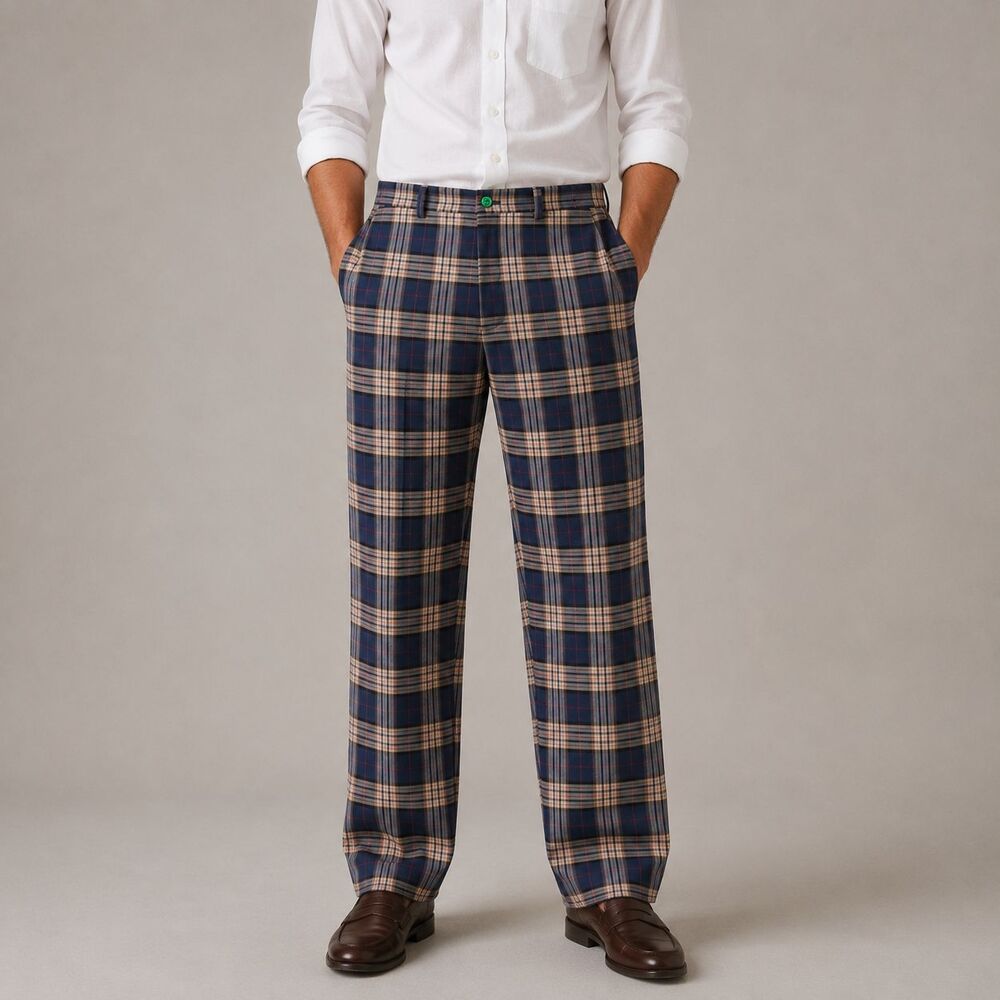 Mens 32 Navy Tan Plaid Dress Pants Straight Fit Flat Front Cotton Trousers NWT